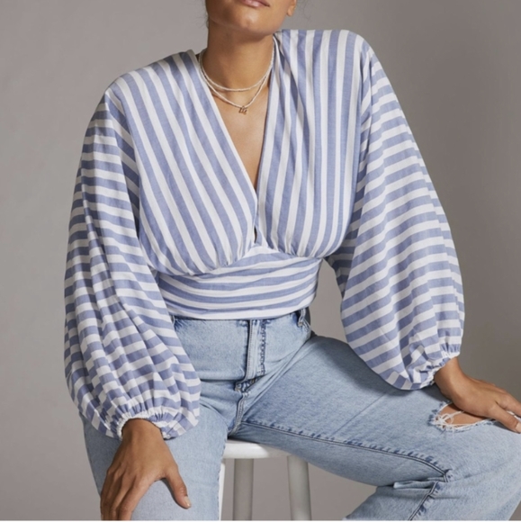 dolan Tops - Anthropologie Dolan Blue Stripe Cropped V-Neck Blouse Sz M